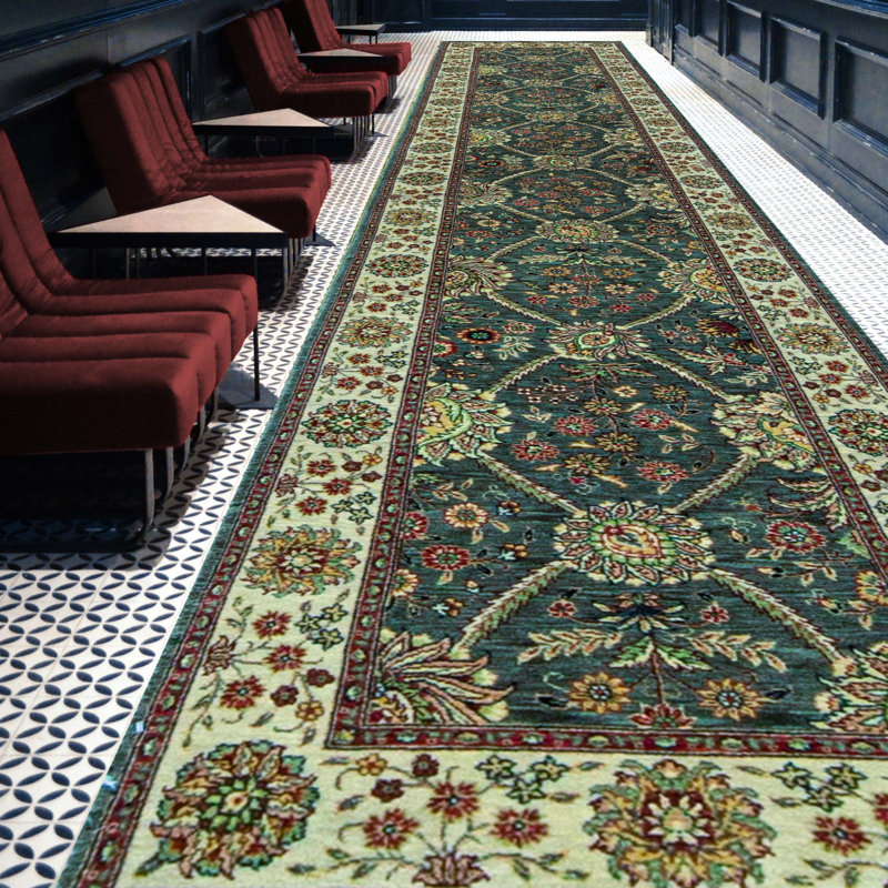 Hand-Knotted High-Quality Green and Gray Runner