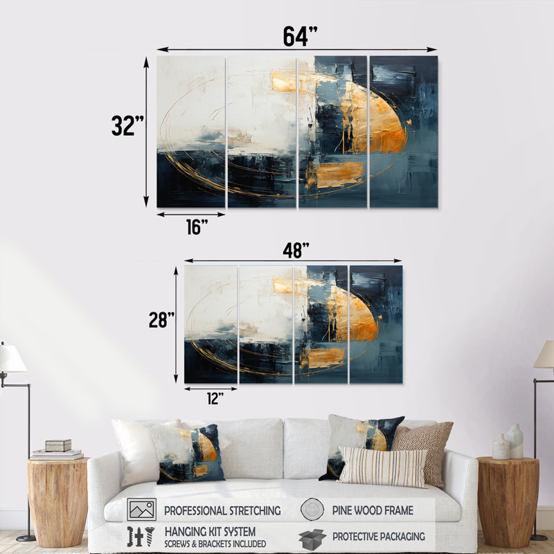 Turquoise doré blanc demi-lune - ensemble de décorations murales minimalisme 4 pièces, H 28 po x l 48 po