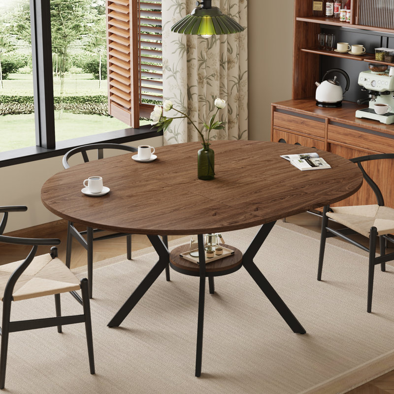 42.5-58.2 Inch Extendable Round Dining Table With Storage Shelf For 4-6 People, Walnut Brown