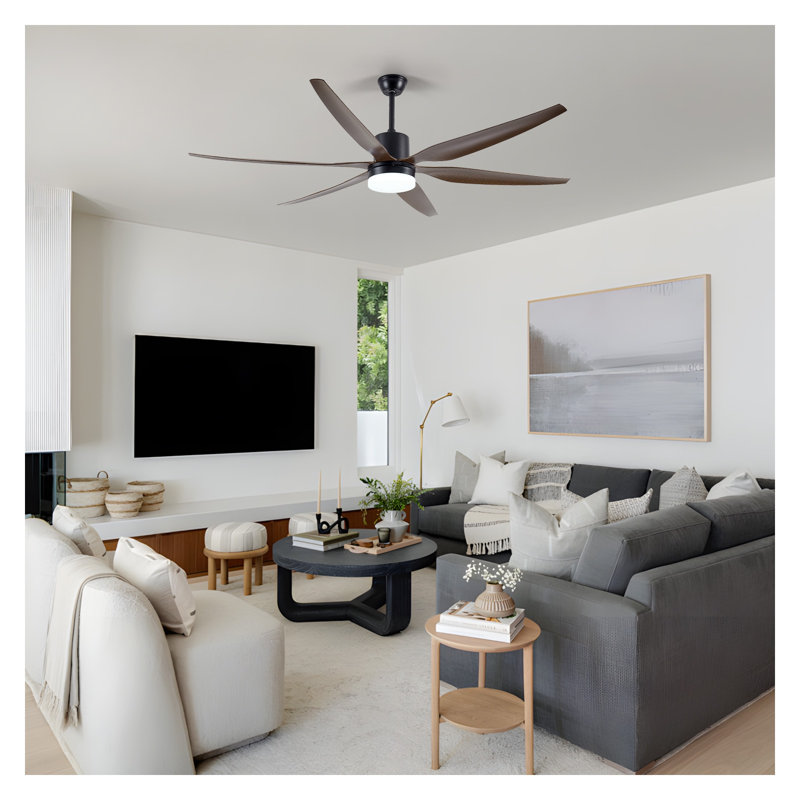 Ventilateur de plafond moderne noir de 188 cm (74 pouces) avec lumière DEL et télécommande, ventilateur intérieur à moteur CC à 6 pales pour salon, chambre et salle à manger