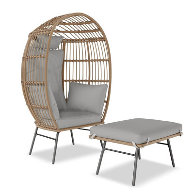 Patio Egg Chair Outdoor with Ottoman - Wicker Egg Chair Oversized Patio Lounge Chairs with Cushions, Metal Frame Stand, for Balcony, Patio, Living Room, Gery