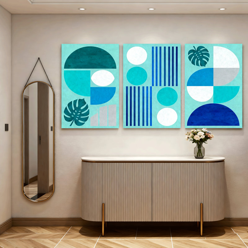 Abstrait géométrique et feuilles tropicales, art mural tendu sur toile, ensemble minimaliste moderne (ensemble de 3)