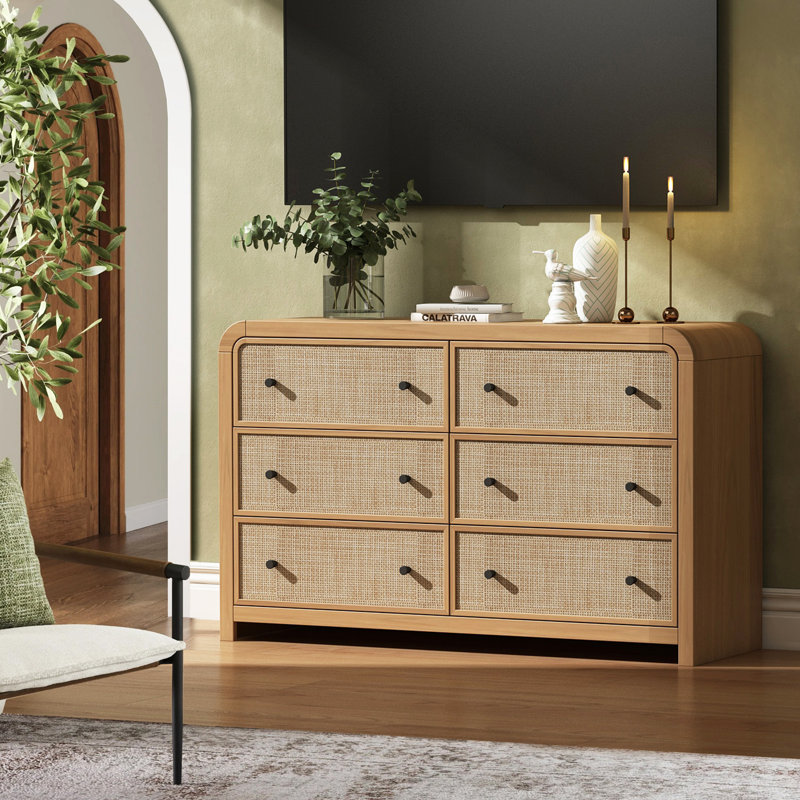 Cevat Rattan 6-Drawers Dresser,Thickened Curved Profile Design, Tan