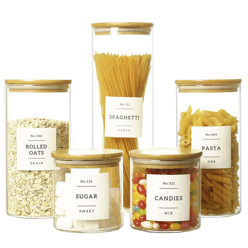 Ensemble de 5 contenants en verre pour aliments avec 132 étiquettes de garde-manger pré-imprimées - Épaissir (3 m)