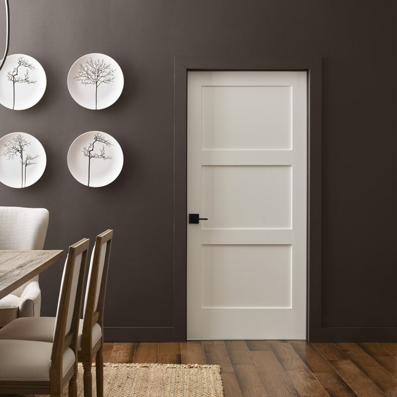 28" x 80" Right Hand Shaker 3-Panel Primed HDF Prehung Interior Door, 81.75" x 28", Right Hand/Inswing