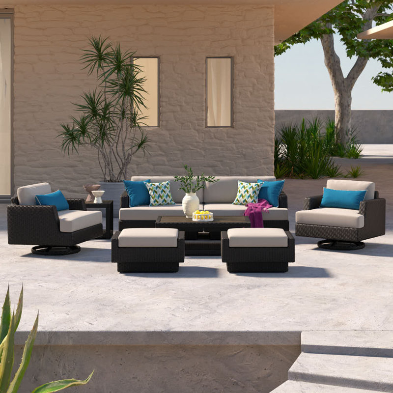 Ehrenfried 5 - Person Patio Conversation Set with Cushions, Dark  Brown Frame/ Dove Gray Cushion