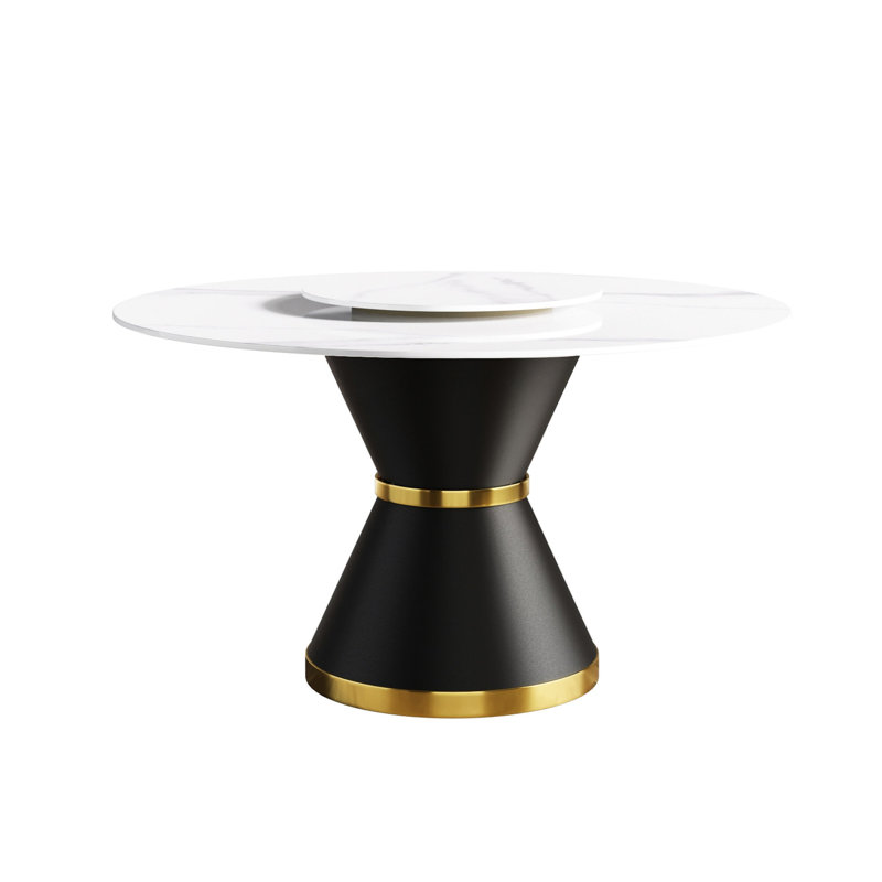 Table de salle à manger moderne 53 po - plateau en pierre frittée, base noire, peut accueillir 6 personnes, finition, pierre ronde 23,62 po, acier au carbone imperméable à l'huile,