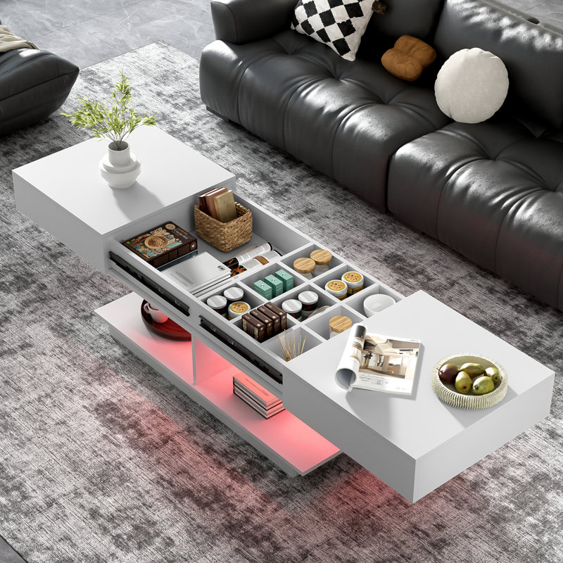 Table basse moderne extensible 41,3 po - 76,7 po avec éclairage DEL et rangement caché Varlix - Finition ultrabrillante