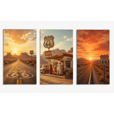 Extra-Large Set of 3 Route 66 Wall Art Vintage Desert Highway Canvas Prints Rustic Americana Road Trip  Decor for Living Room Man Cave Office 24x36 Inch Canvas Print - Ready to hang