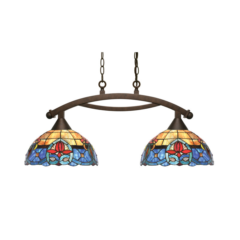 Luminaire pour îlot 2 lumières Bow avec verre d'art 12 ", Beige / bleu / orange, Bronze