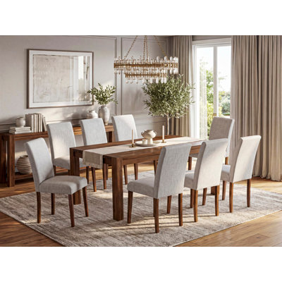 9 Piece Kitchen Table & Chairs Set Includes a Rectangle Rustic Wood Dining Room Table and 8 Doeskin Linen Fabric Parsons Chairs, Antique Walnut