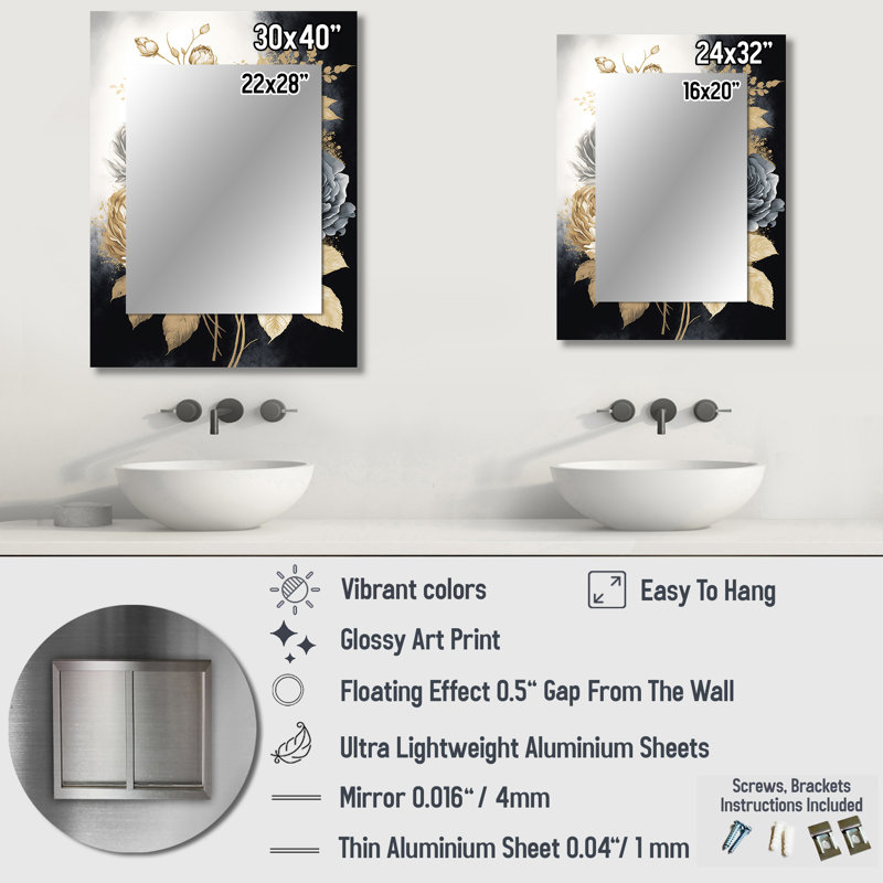 White, Gold And Black Rose Bouquet II - Traditional Wall Mirror, 32" x 24"