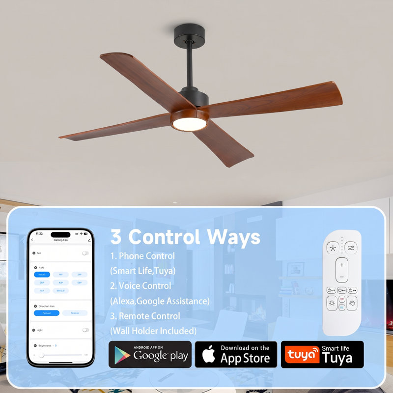Ventilateur de plafond en bois massif à 4 pales avec lumière, moteur réversible à courant continu, télécommande à 6 vitesses, 3 températures de couleur