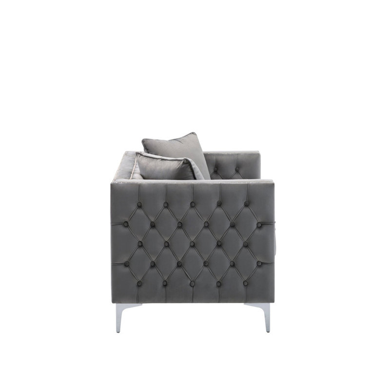 Gray Velvet With Handmade Trim, Back, Legs, Foam Seat Springs, 2 Pillows, 19" H, 26" D, 46" W, Classic Yet Modern 63" In Velvet, Details, Metal Filled Height, Depth, Width, Simple And Chic