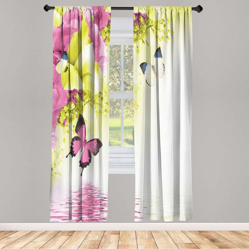 Microfiber Floral Semi-Sheer Rod Pocket Curtain Panels, 28" W x 95" L, Hot Pink/Yellow