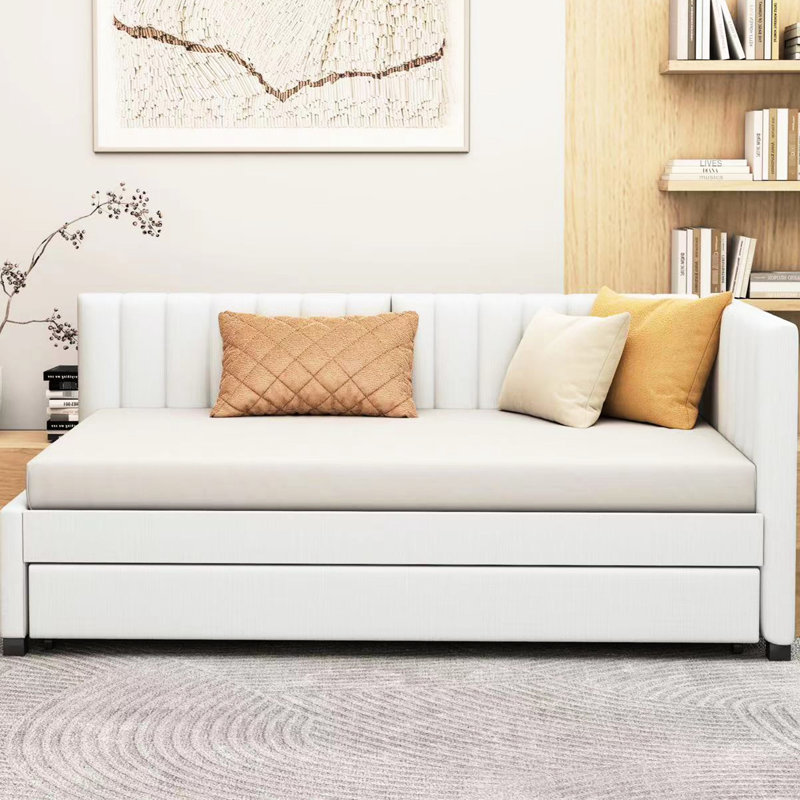 Lit de jour simple avec lit gigogne, revêtu de lin beige, sommier tapissier non exigé classique