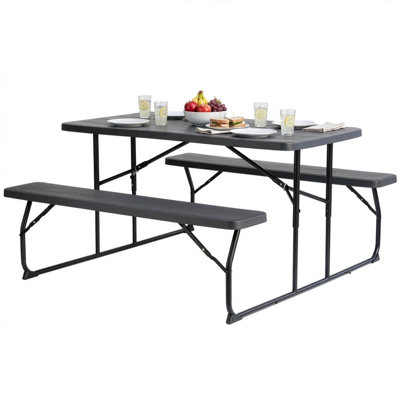 Gray Folding Picnic Table Set with Benches, Woodgrain Plastic Outdoor Dining Table with Steel Frame, Portable Foldable Picnic Bench Table for Patio, Backyard, Camping, Park, Seats 6