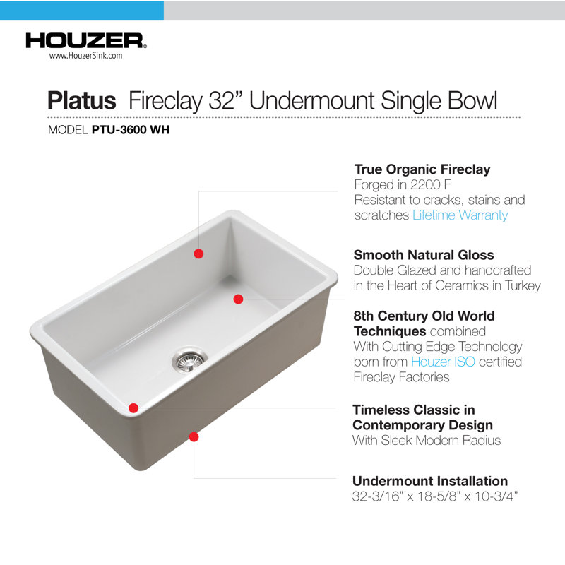 Houzer Platus 32 inch Fireclay Undermount Single Bowl Kitchen Sink, White