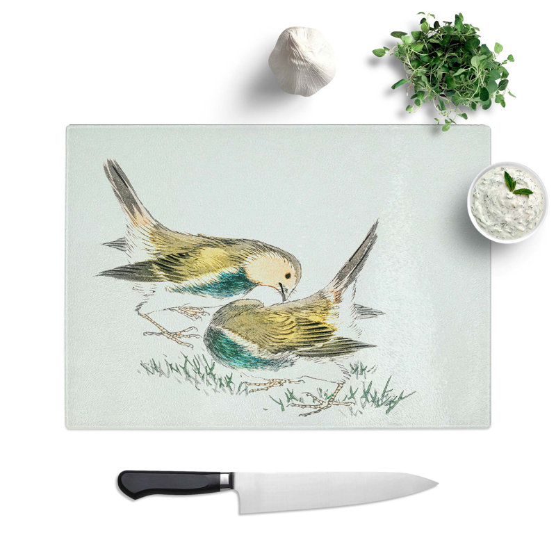 Glass Japanese Great Tit Birds by Numata Kashu Chopping Board, 39 cm W x 28.5 cm L