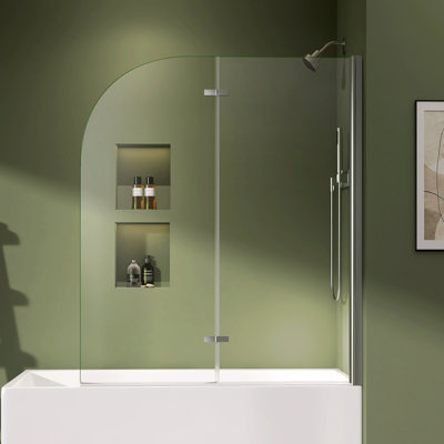 Folding Glass Shower Doors for Bathtub, 48 in. W x 58 in. H Pivot Frameless Tub Shower Door, Tempered Glass Shower Panel Screen