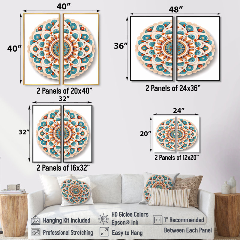 Mandala sacré en bleu et orange - impressions sur toile traditionnelles, 40" H x 40" W, Impression encadrée flottante, White