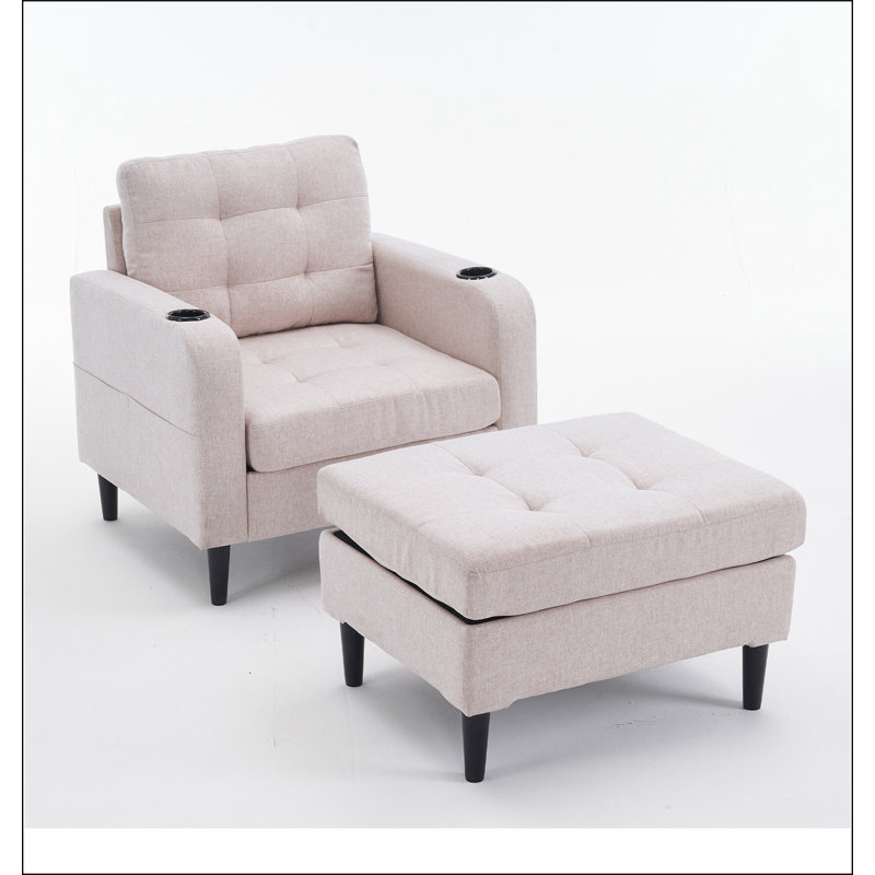 Beige Upholstered Armchair and Storage Ottoman Set - Comfortable Single Sofa