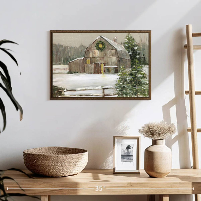 Grange enneigée, 19 po x 13 po, Cadre flottant en noyer