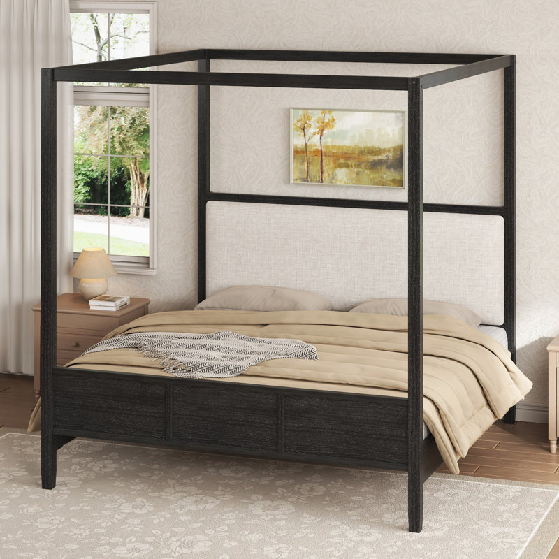 Lit plateforme à très grand lit en bois avec tête de lit tapissier, sans sommier, design moderne et durable, Black