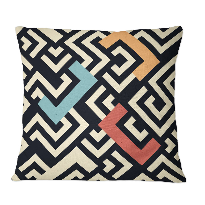 Coussin géométrique à motifs géométriques, bleu, rouge et orange, 16 po x 16 po