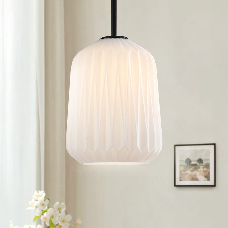 Luminaire suspendu moderne à 1 lumière avec abat-jour en verre givré blanc laiteux de 7,87 po pour îlot de cuisine, Noir mat