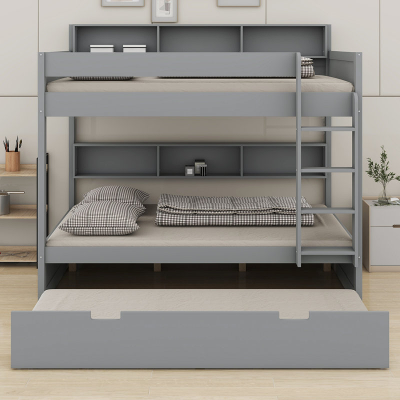 Bunk Bed Frame with Trundle and Built-in Storage Shelves, Gray, Full over full
