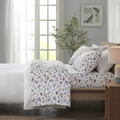 Drap pour très grand lit 4 pièces à imprimé village blanc, 100% flanelle de coton, confortable et lavable à la machine - avec drap plat, 2 taies d'oreiller ajustées pour très grand lit