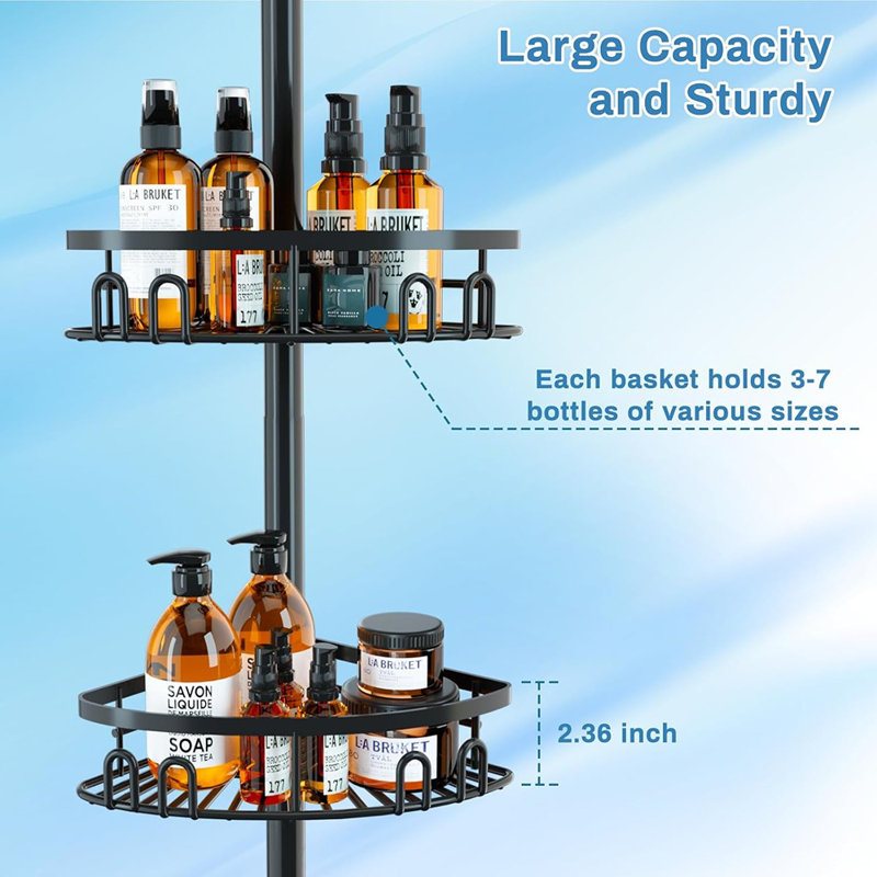 Rustproof Corner Shower Caddy Tension Pole - Silver - Freestanding With 4 Large Baskets, Height-Adjustable Shelves And Towel Bar For Bathtub & Bathroom Storage