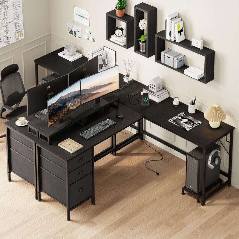 Morihisa L Shaped Desk, 94.5" Reversible Computer Gaming Desk With 3 Drawers, Corner Desk With 2 Monitor Stand, Home Office Desk Workstation