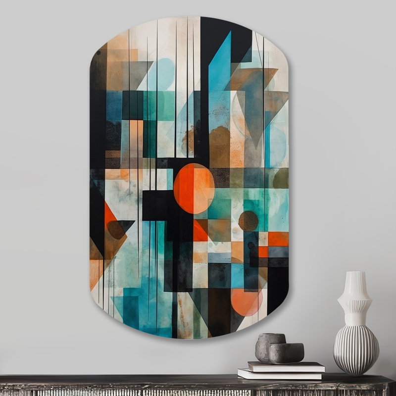 «Orange Abstracted Geometric Explorations I», impression murale géométrique asymétrique en métal, impression d'art moderne cylindrique