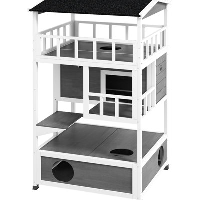 Solid Wood Outdoor Cat Shelter, Asphalt Roof, Escape Doors, Jumping Platform - Ideal For Cats Up To 10 Lbs Gray Wooden House Outdoors, Jump Platform, Easy Clean And Attend Pounds