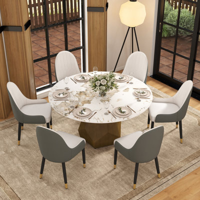 7 - Piece Modern Round Sintered Stone Dining Set with Pedestal Base
