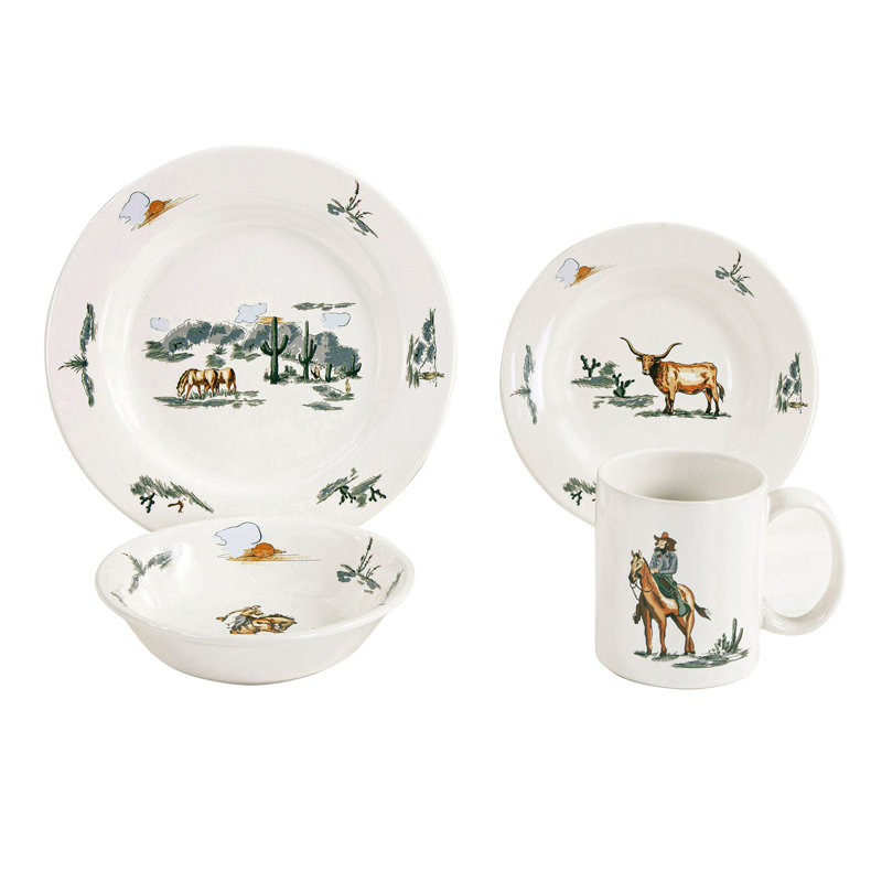 Ranch Life Duffle Bag Ceramic Animal Print Western Style 16 Piece Dinnerware Set