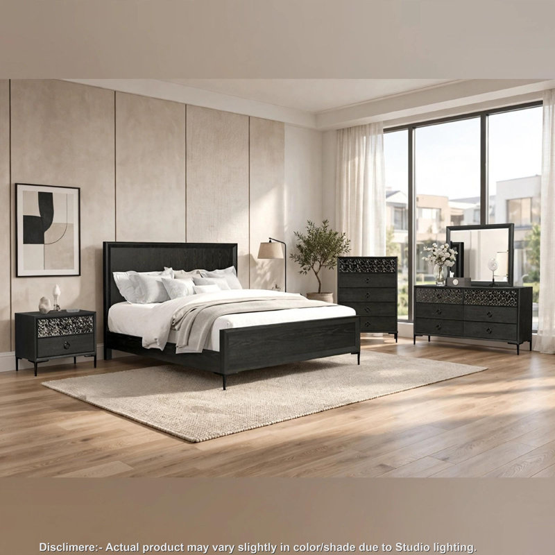 Ensemble de chambre à coucher grand, commode, miroir de commode 5 pièces Kaira , Noir/brun