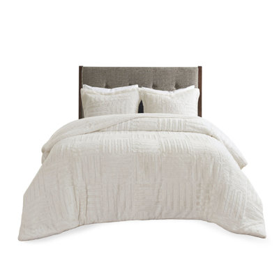 Luxury Faux Fur Bedding Sets, Soft Ivory Comforter With Modern Checkboard Design