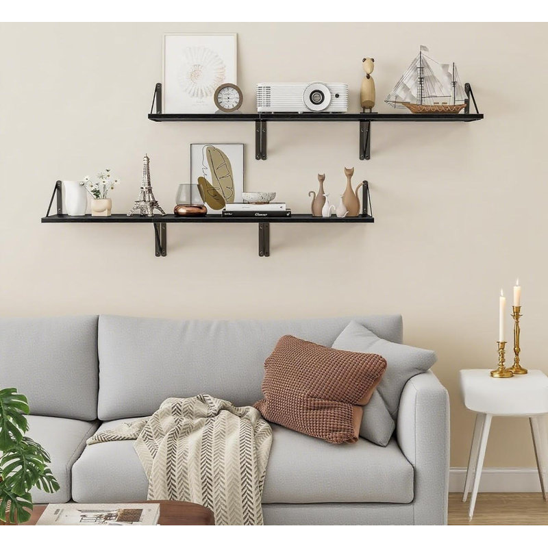 Deep Floating Shelves Set Of 3, 12 Inch Wide Wood Wall Shelves With Metal Bracket For Living Room, Kitchen, Office, Bedroom Storage And Display