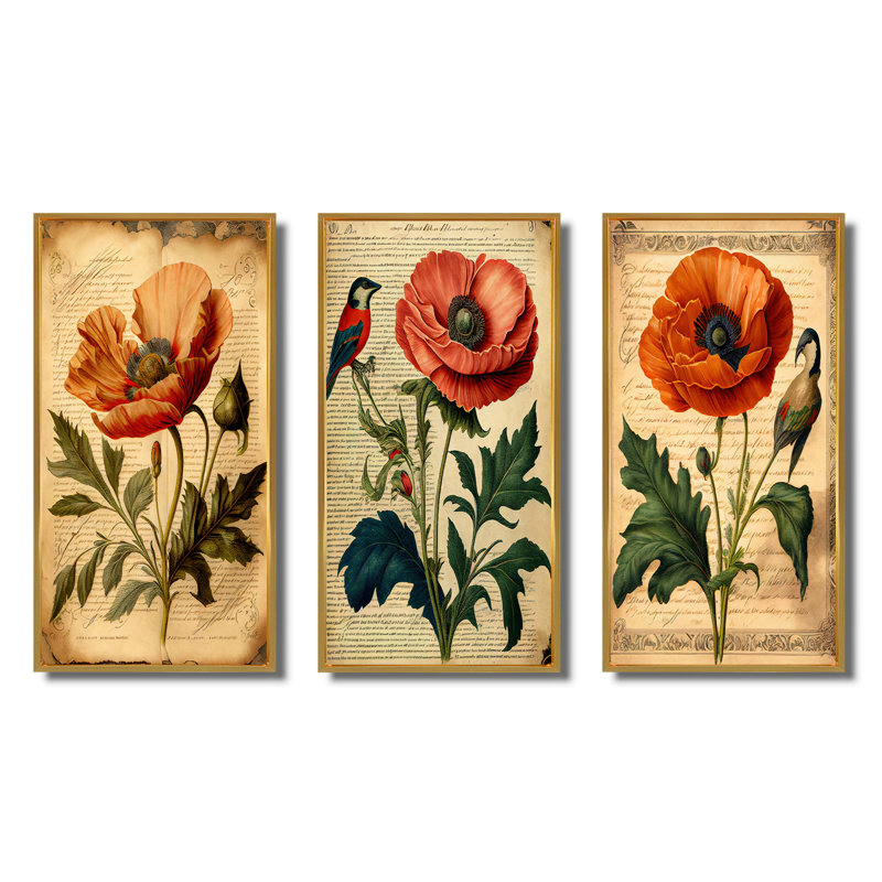 «Blossoming Victorian Vintage Poppie», ensemble de 3 coquelicots, Cadre flottant doré, H 28 po x l 36 po