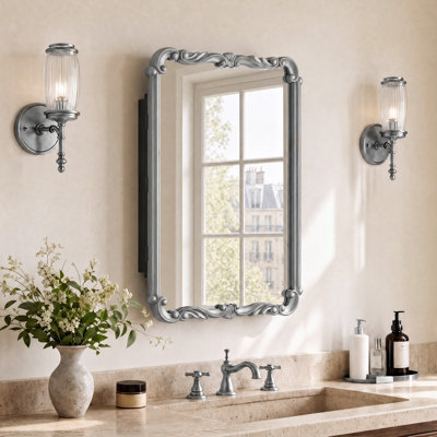 Armoire à pharmacie en bois 20 po x 30 po, armoire de salle de bain avec miroir, armoire de salle de bain murale ou encastrée, cadre sculpté rétro avec miroir en verre trempé, argent