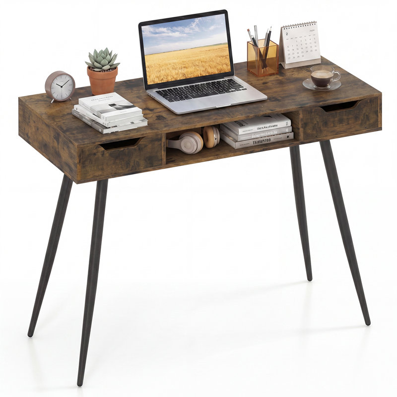 Bureau d'ordinateur avec tiroirs, compartiment de rangement ouvert pour petits espaces, bureau brun rustique, Brun