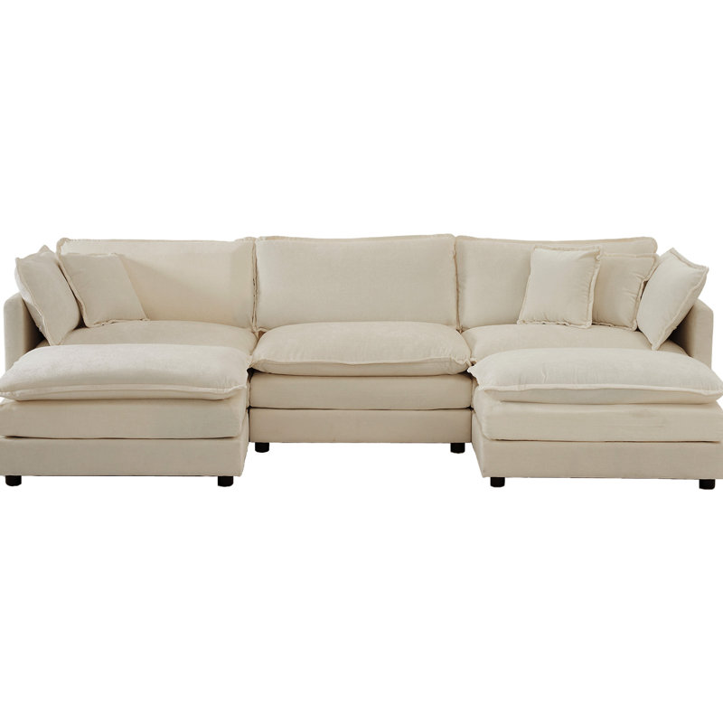 Canapé modulaire en U avec 2 repose-pieds, canapé en chenille beige 5, doux et respirant pour le coin convertible du salon en chenille, structure en bois massif
