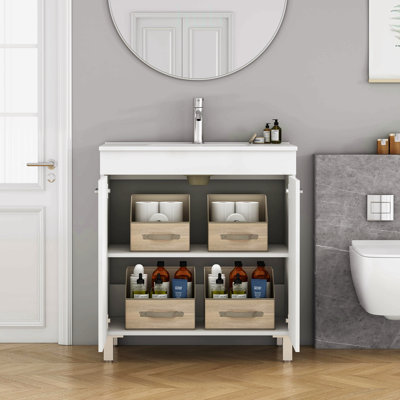 32-Inch Floor-Mounted Bathroom Vanity with Sink, Double Doors, Soft Close Hinges, Adjustable Shelf, Metal Handle, Ceramic Basin, and Adjustable Feet