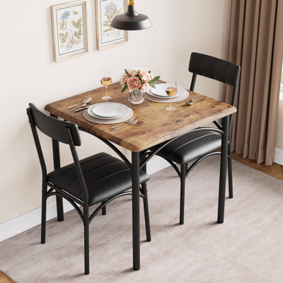 Ensemble table et chaises 3 pièces pour 2 personnes - Table de cuisine carrée avec structure en métal et plateau en bois - 2 chaises rembourrées, gain de place pour appartement/studio - Brun classique