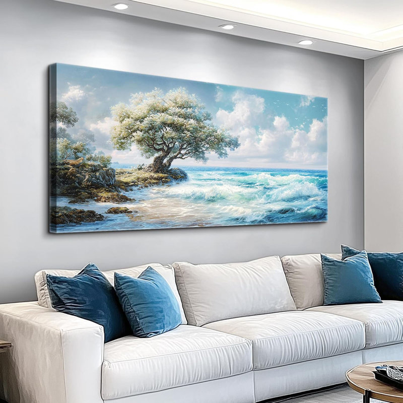Grande décoration murale côtière pour le salon, coucher de soleil, plage, coucher de soleil, bleu, océan, vagues, paysage marin, arbres, paysage