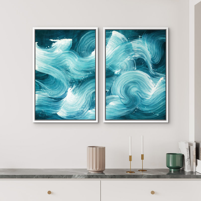 «Abstract Blue Ocean Wave Motion Art», reproduction d'art sur toile encadrée, 2 pièces, H 24 po x l 16 po x P 1,5 po, Blanc