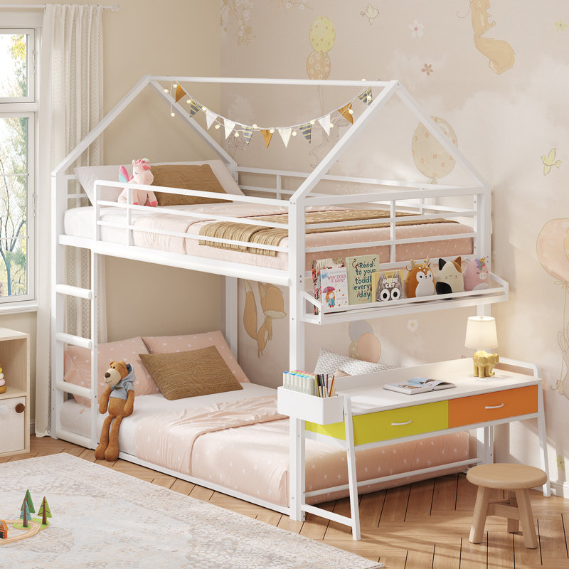 Twin Over Twin Bunk Bed Frame With Art Table and 2 Drawers, House Shaped Twin Size Metal Bunk Beds With Bookshelf, Full-Length Guardrail And Ladder, White